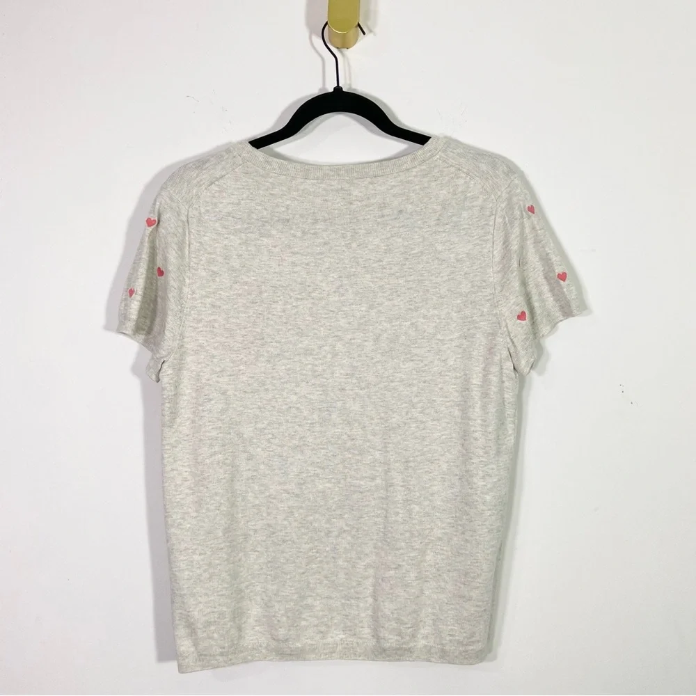 J. Crew Factory Gray Cotton Knit Pink Heart Short Sleeve Crewneck Tee Shirt